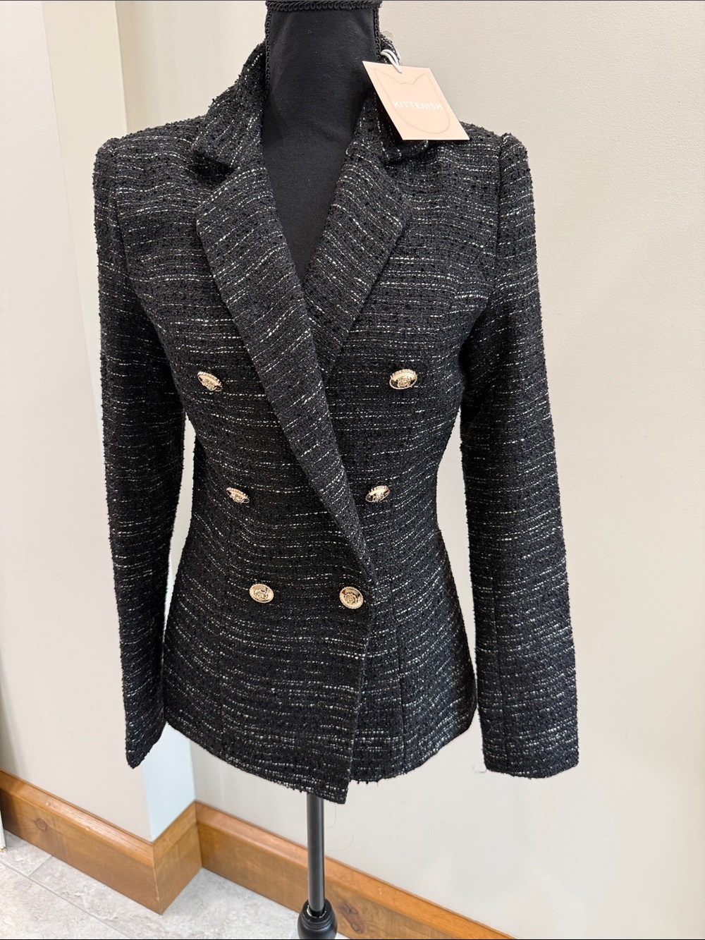 Kittenish NWT  black white and gold tweed blazer jacket size S